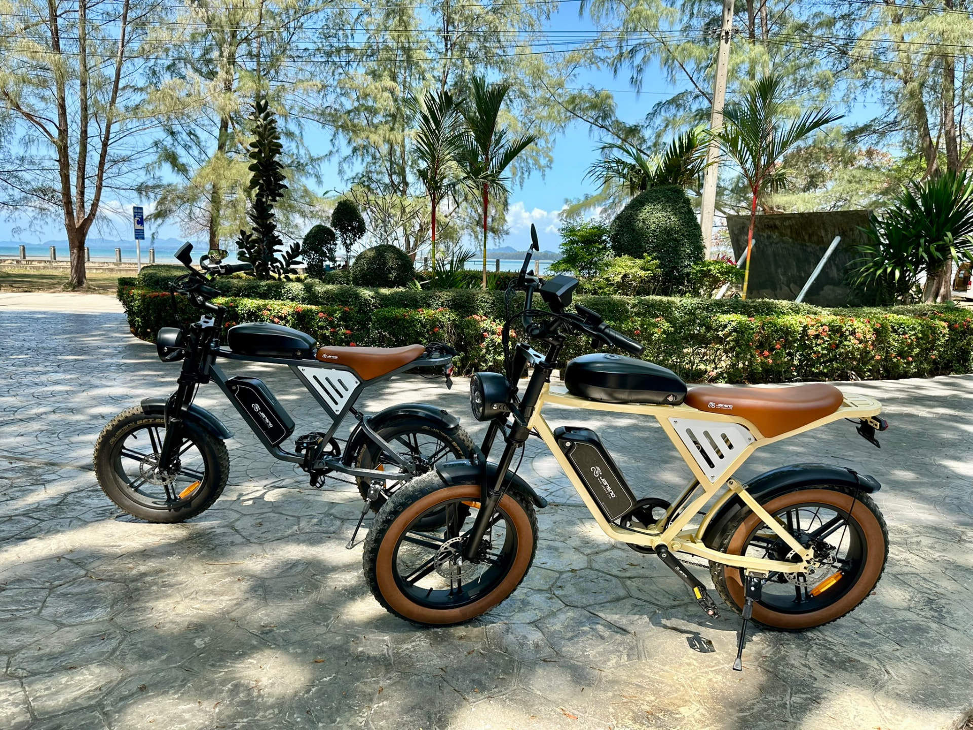 Two fat-tyre e-bikes parked in the resort garden with the sea beyond