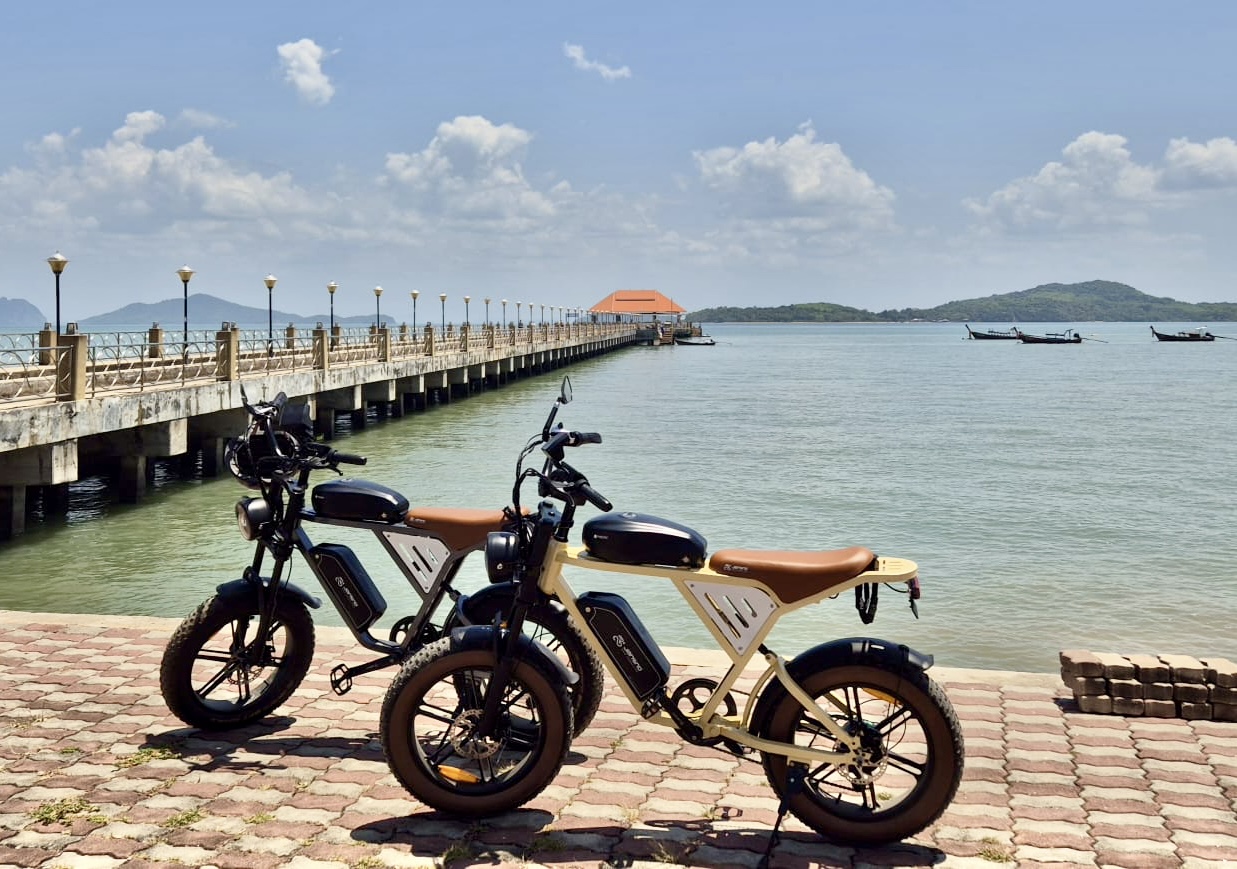 Two e-bikes parked along the old pier with longtail boats on the water