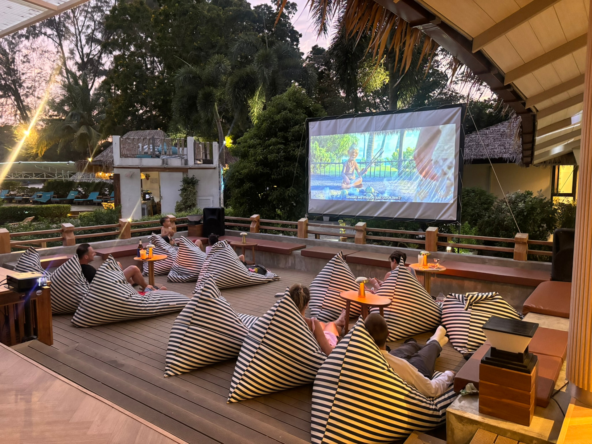 Guests settling into bean bags in the early evening at Breezy Bites